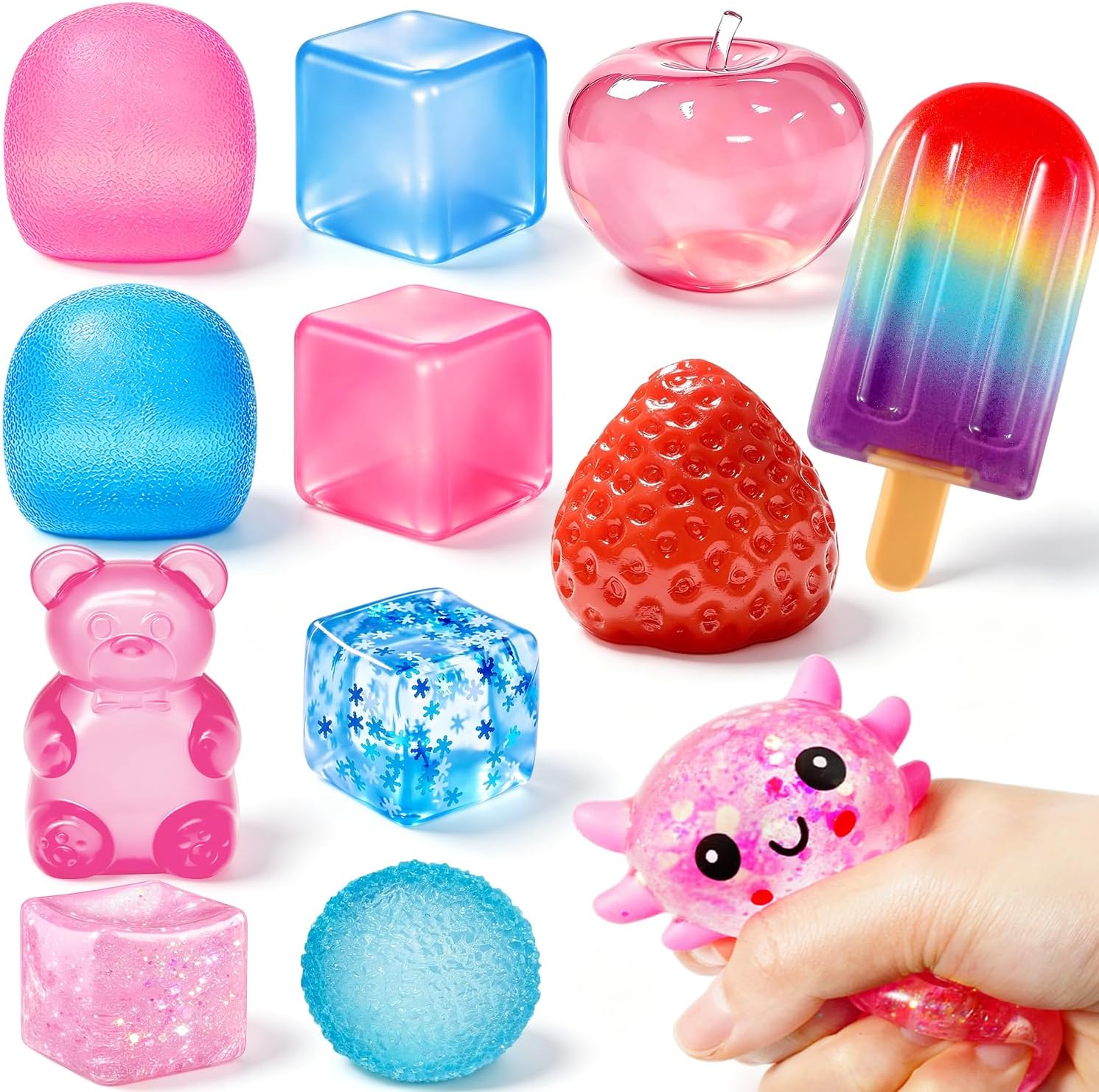 12 件裝 Squishy 玩具套件，可愛擠壓減壓坐立不安玩具，Squishy 小熊，壓力立方體多形狀 Squishy 趣味盒，成人壓力球，派對禮物，課堂禮物