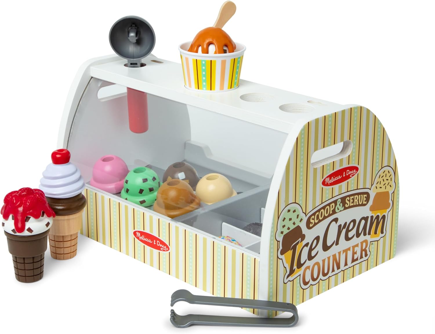 Melissa & Doug 木製湯匙和冰淇淋櫃檯，假裝遊戲商店，28 件玩具食品和遊戲廚房配件，適合女孩和男孩的學前玩具 3+