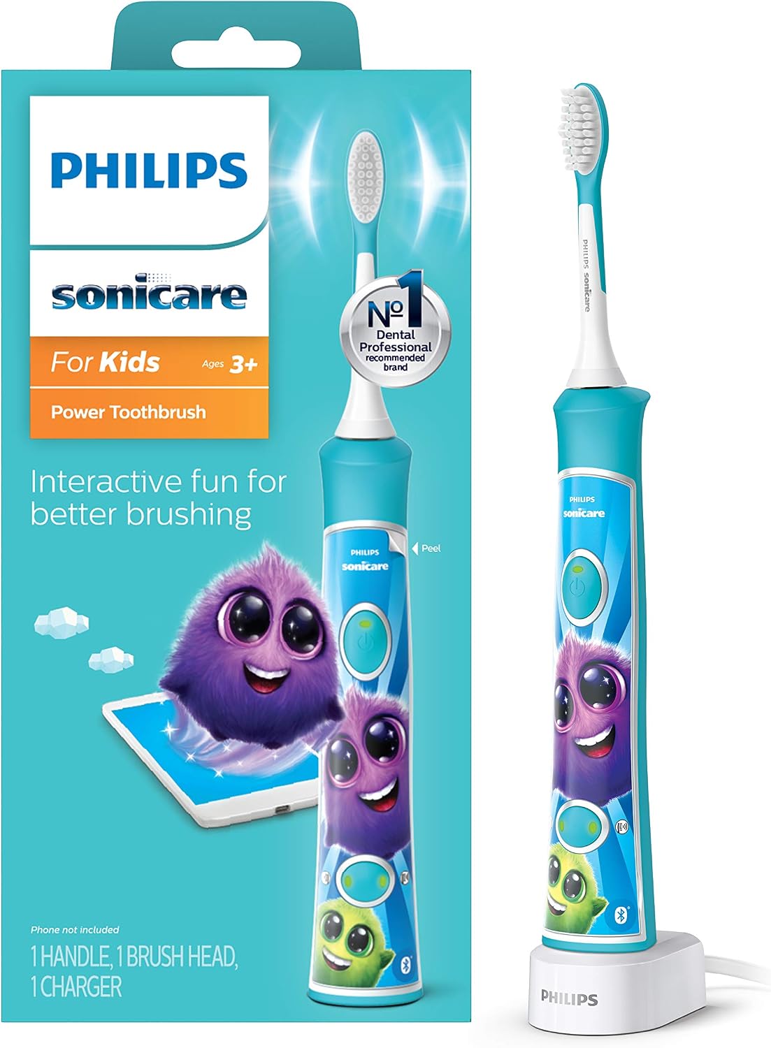 Philips Sonicare 兒童 3+ 藍牙連接充電式電動牙刷，互動式，刷牙效果更佳，綠松石色，HX6321/02