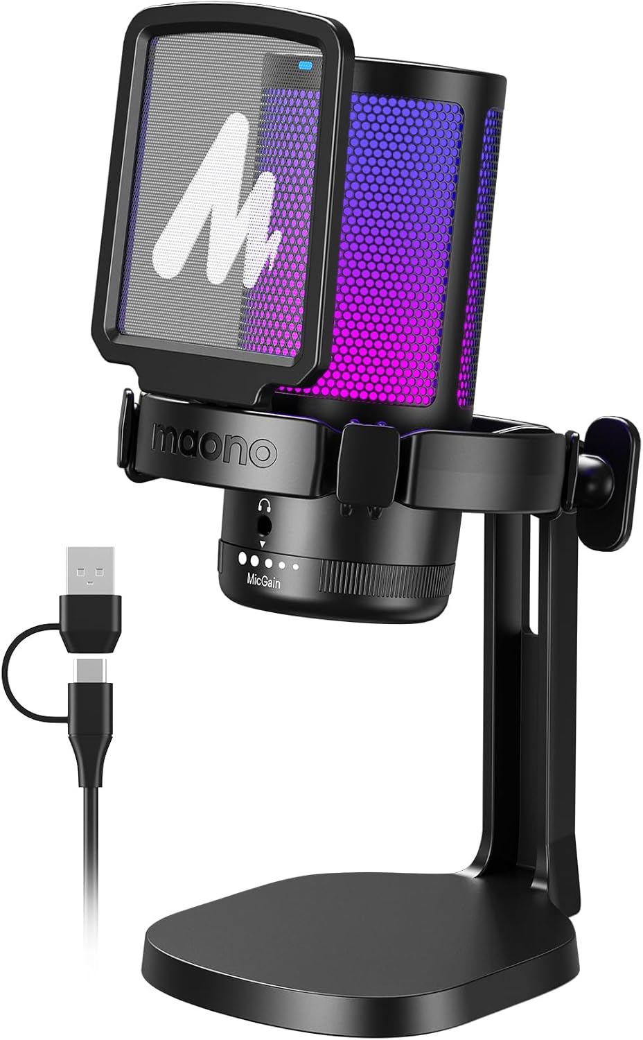 MAONO USB 遊戲麥克風，降噪電容麥克風，帶靜音、增益、監聽、流行濾波器，適用於串流媒體、播客、Twitch、YouTube、Discord、PC、電腦、PS4&5、Mac、DGM20，黑色