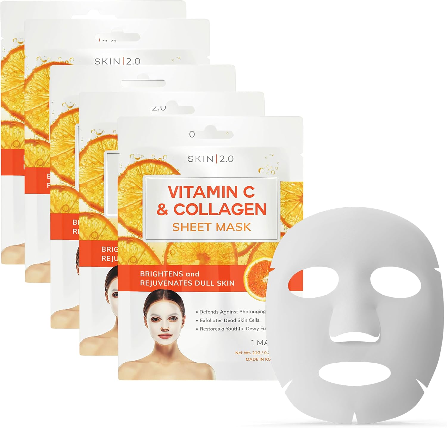 Skin 2.0 維生素 C 和膠原蛋白面膜 - 抗衰老、皺紋和老年斑減少、保濕和保濕 - 經過皮膚科醫生測試的韓國護膚品，潔淨美容，零殘忍，所有皮膚類型 - 5 種面膜
