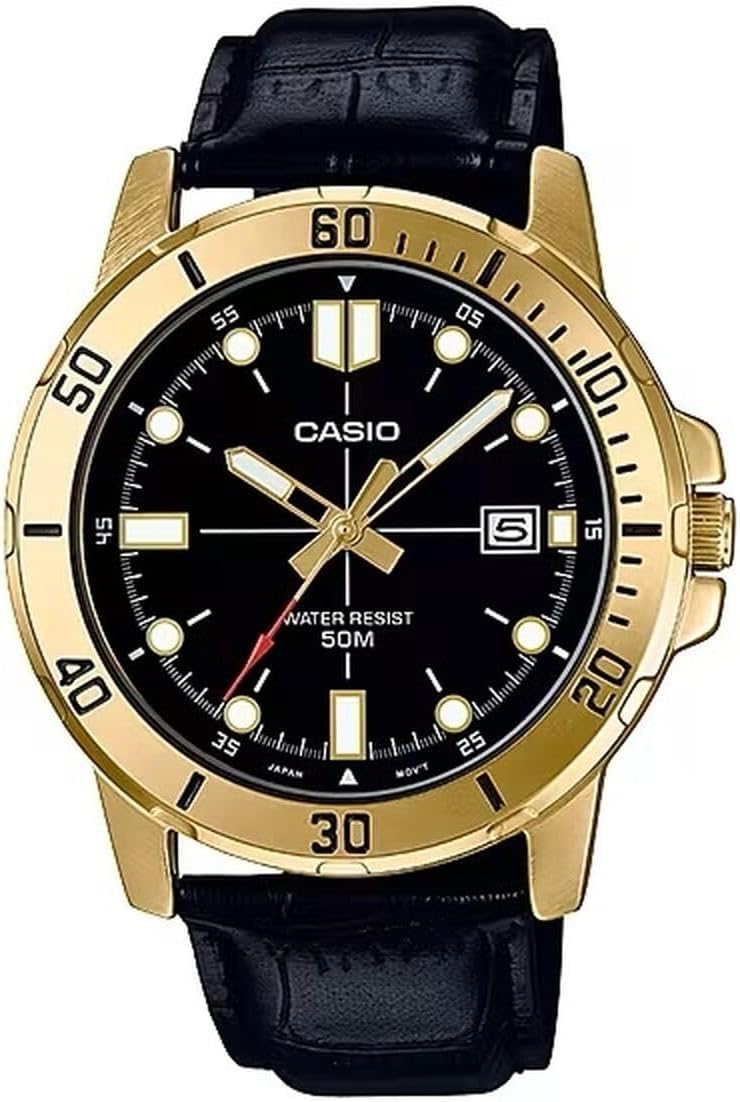 Casio MTP-VD01GL-1EV メンズ エンティカー ゴールドトーン レザーバンド ブラックダイヤル カジュアル アナログ スポーティ 腕時計