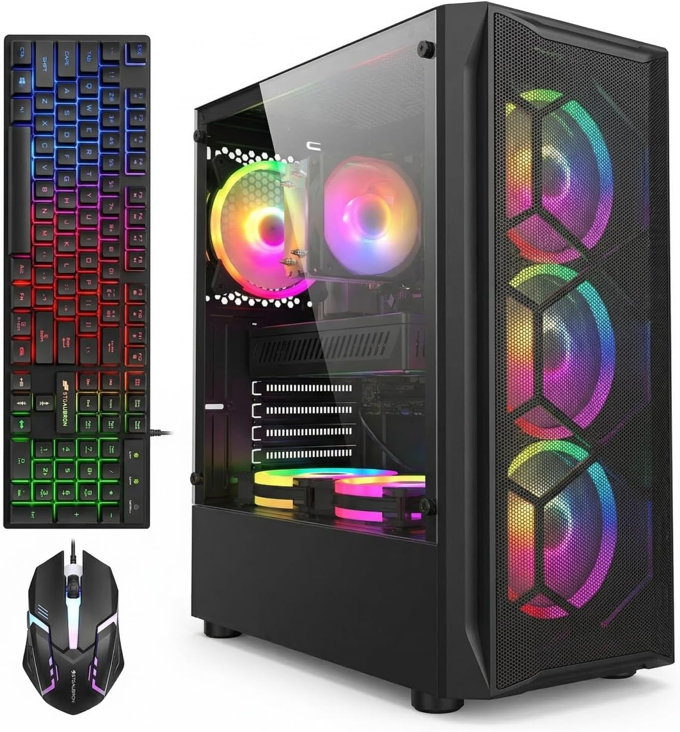 STGAubron 遊戲 PC 電腦桌上型電腦，Intel Core i7（高達 3.9GHz），Radeon RX 580 8G 顯​​示卡，16GB RAM，1TB SSD，WiFi 6，BT 5.0，RGB 風扇 x 6，Windows 11 Home