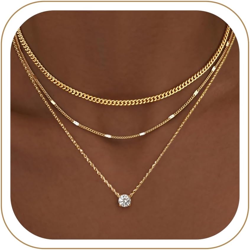 女士禮品分層金項鍊，14K 金純銀鍍金精緻吊墜項鍊套裝，不變色，厚實可堆疊古巴鍊頸鍊，時尚生日石度假珠寶禮物