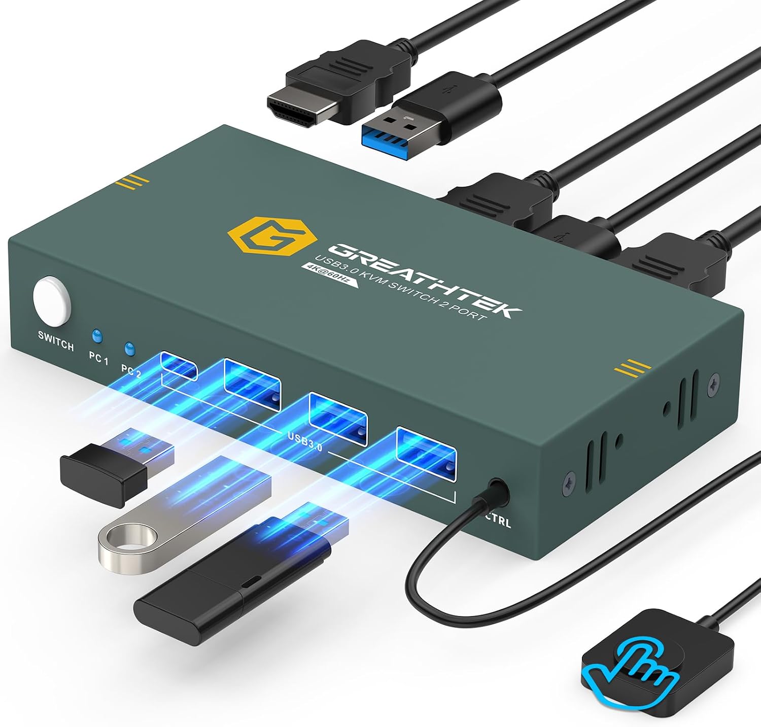 HDMI KVM 切換器 1 顯示器 2 計算機 4K@60HZ 2 連接埠 KVM 切換器
