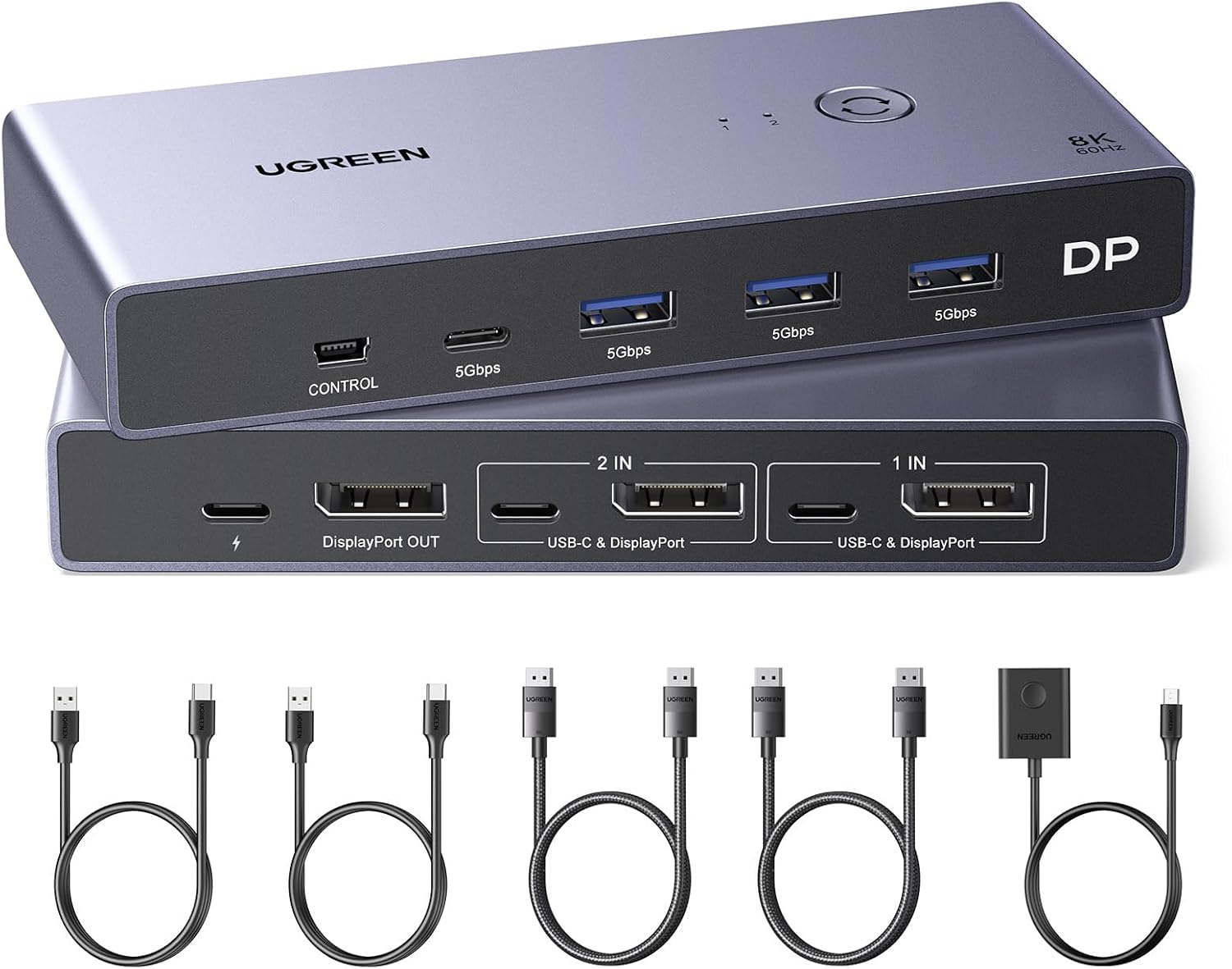 UGREEN Displayport KVM 切換器 2 進 1 出，8K@60Hz，鋁製，4 個 USB3.0 端口