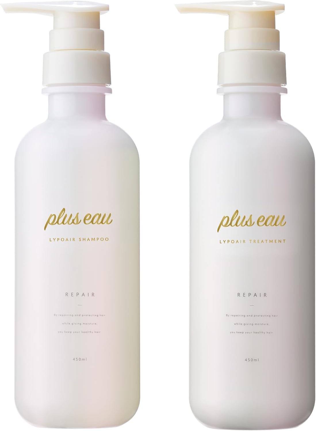 plus eau puryusuo 洗髮/護理，Lipo，保濕，15.2 液量盎司（450 毫升），2 件套，泵式，白色花香和梨子香味，含有絲質 PPT 清潔成分，含有絲質 Lipo 膠囊
