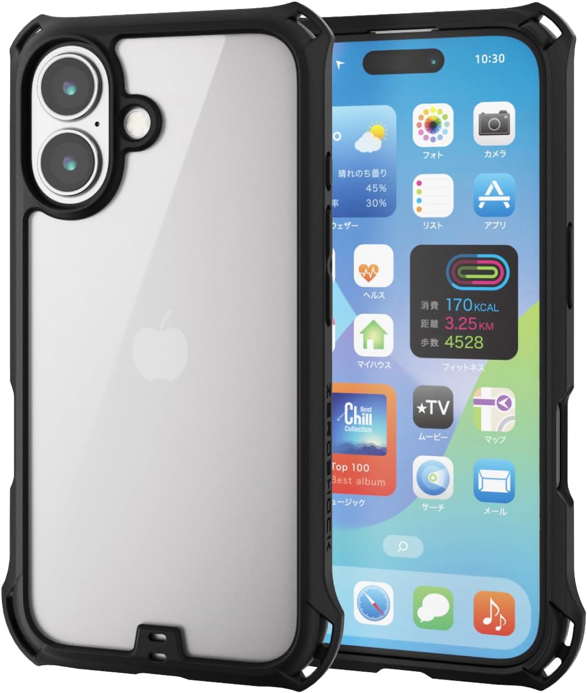 Elecom iPhone 16 手機殼，透明防震，減震 ZEROSHOCK [帶薄膜] 4 角阻尼器，掛帶孔，兼容無線充電，黑色 PM-A24AZEROFCBK