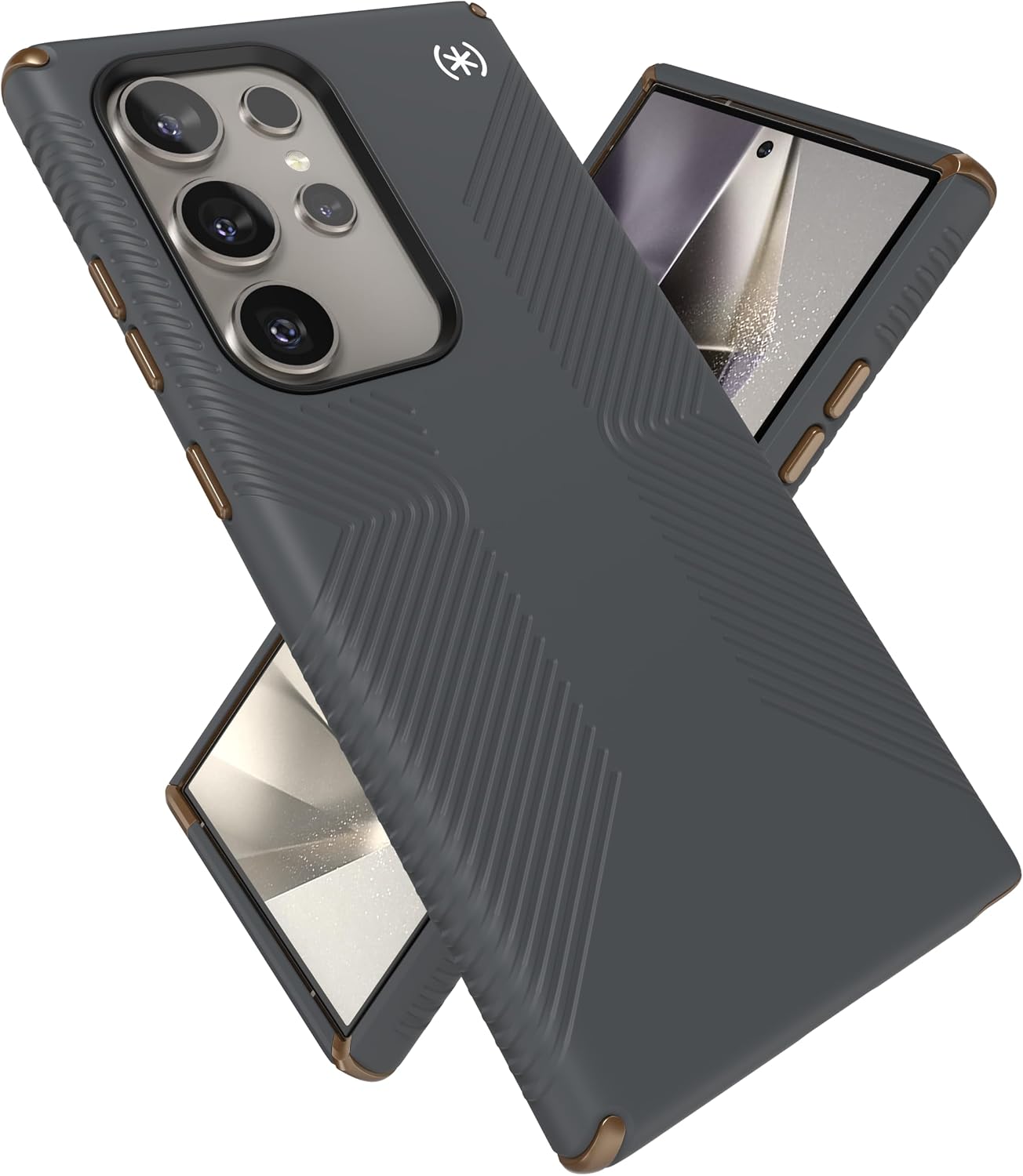 Speck 三星 Galaxy S24 Ultra 手機殼 - 防摔手柄 - 防刮軟觸手機殼 - Presidio2 Grip 炭灰/冷銅色/白色