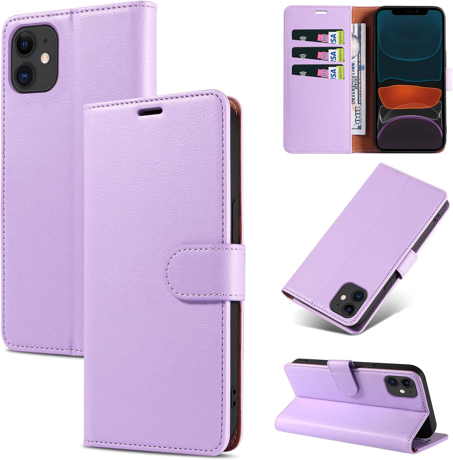 iPhone 11 皮夾式保護殼，RKINC [RFID 屏蔽] PU 皮革，附 3 個卡槽磁性翻蓋對開保護套，卡夾支架防震 TPU 保護手機殼，紫色