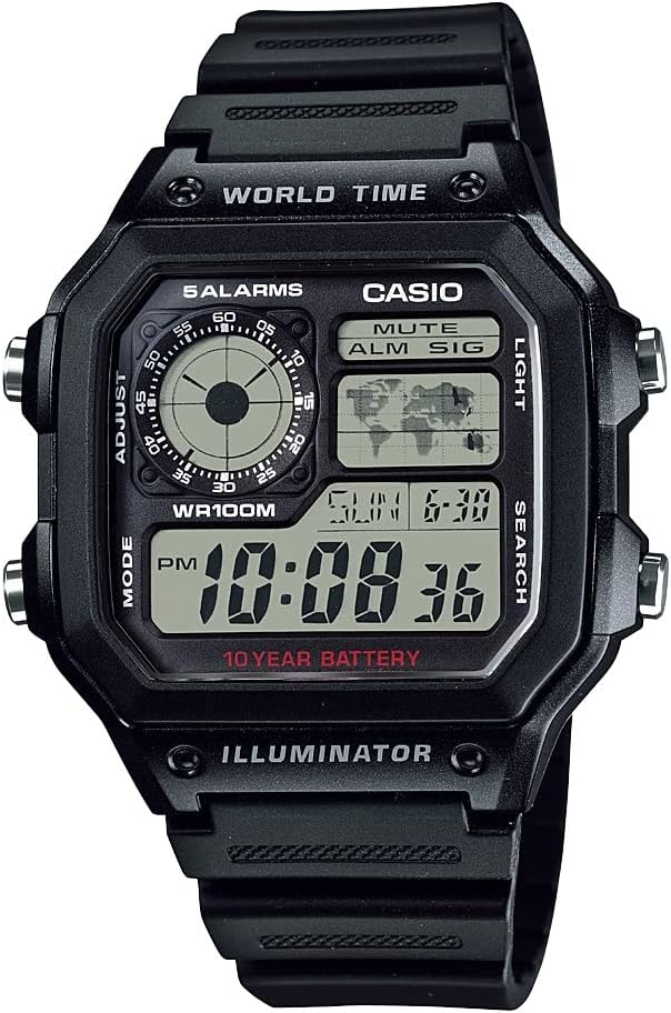 CasioAE1200WH系列|男士數位手錶 | 100M 寫入 |多重警報 | 100 秒秒錶 |倒數計時器|世界時間的世界地圖| LED燈| LC 類比顯示器 |10 年電池