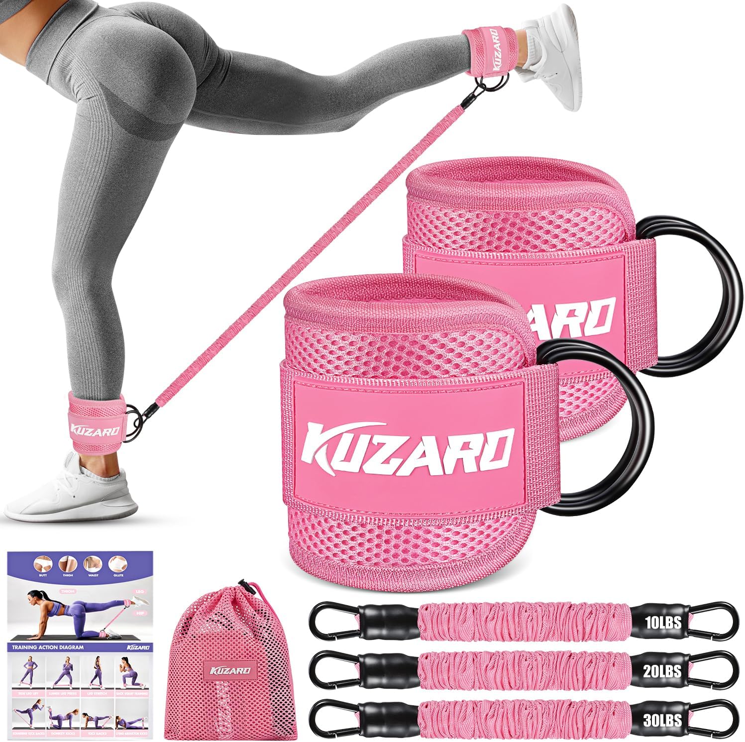 KUZARO 附袖口踝部阻力帶、鍛鍊用踝部重量帶、女性腿部和臀部鍛鍊設備、回扣運動帶、臀部和臀部訓練器、家庭健身房健身器材