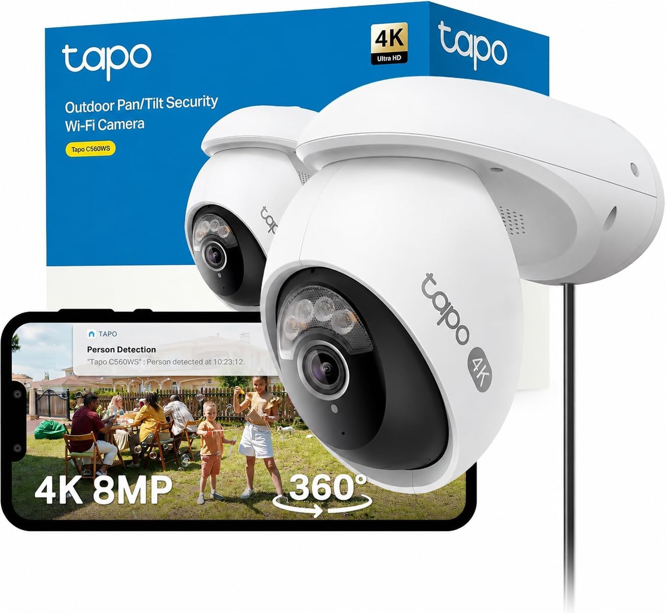 Tapo C560WS 4K 360° WiFi戶外監控攝影機，Wi-Fi 6雙頻，彩色夜視，免費AI檢測，智慧追蹤，聲光警報，雙向音頻，MicroSD卡高達512GB
