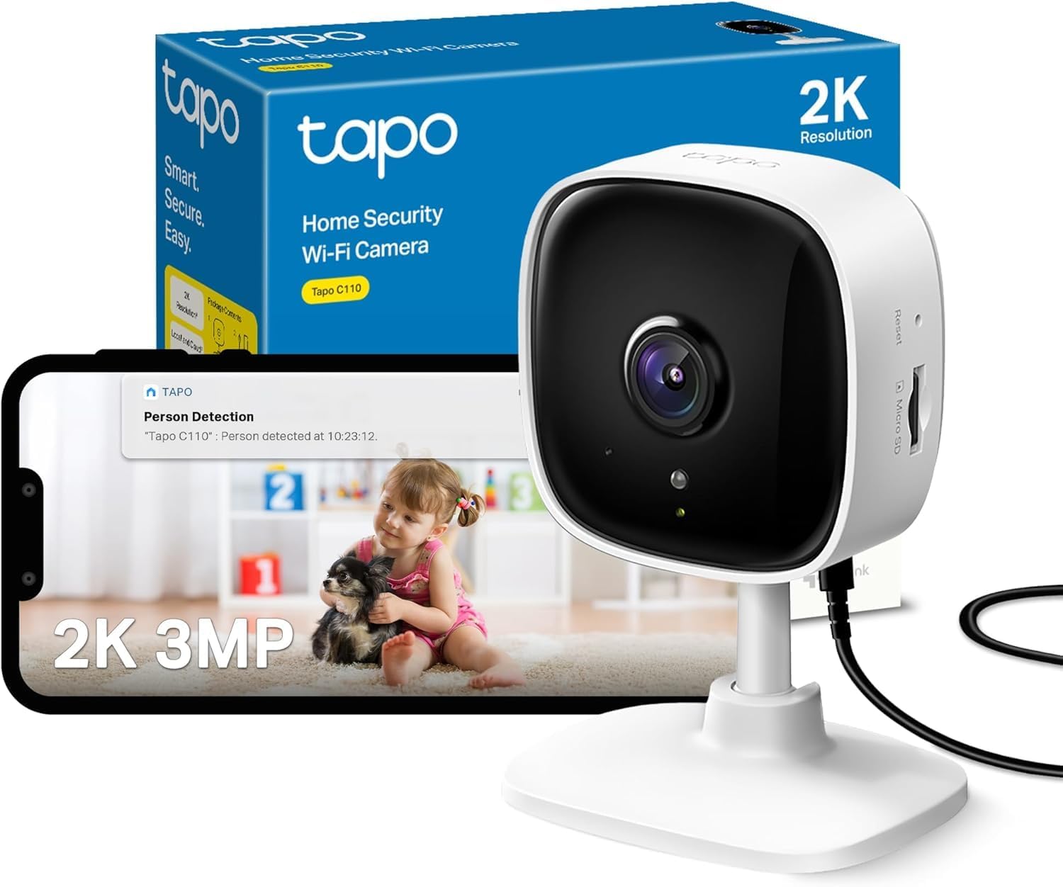 TP-Link Tapo C110 WiFi IP 攝影機，監視器（3 MP 分辨率，2 路音頻，運動偵測，聲光警報，夜視長達 9 m，SIM 卡本地儲存高達 256 GB），白色