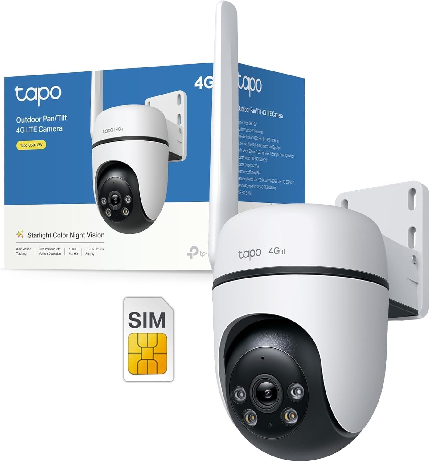 Tapo C501GW 360° 4G LTE 安防攝像頭，帶 SIM 卡插槽，無需 Wi-Fi，星光彩色夜視，AI 檢測，DC/PoE 供電，IP66，本地和雲存儲，無 WiFi