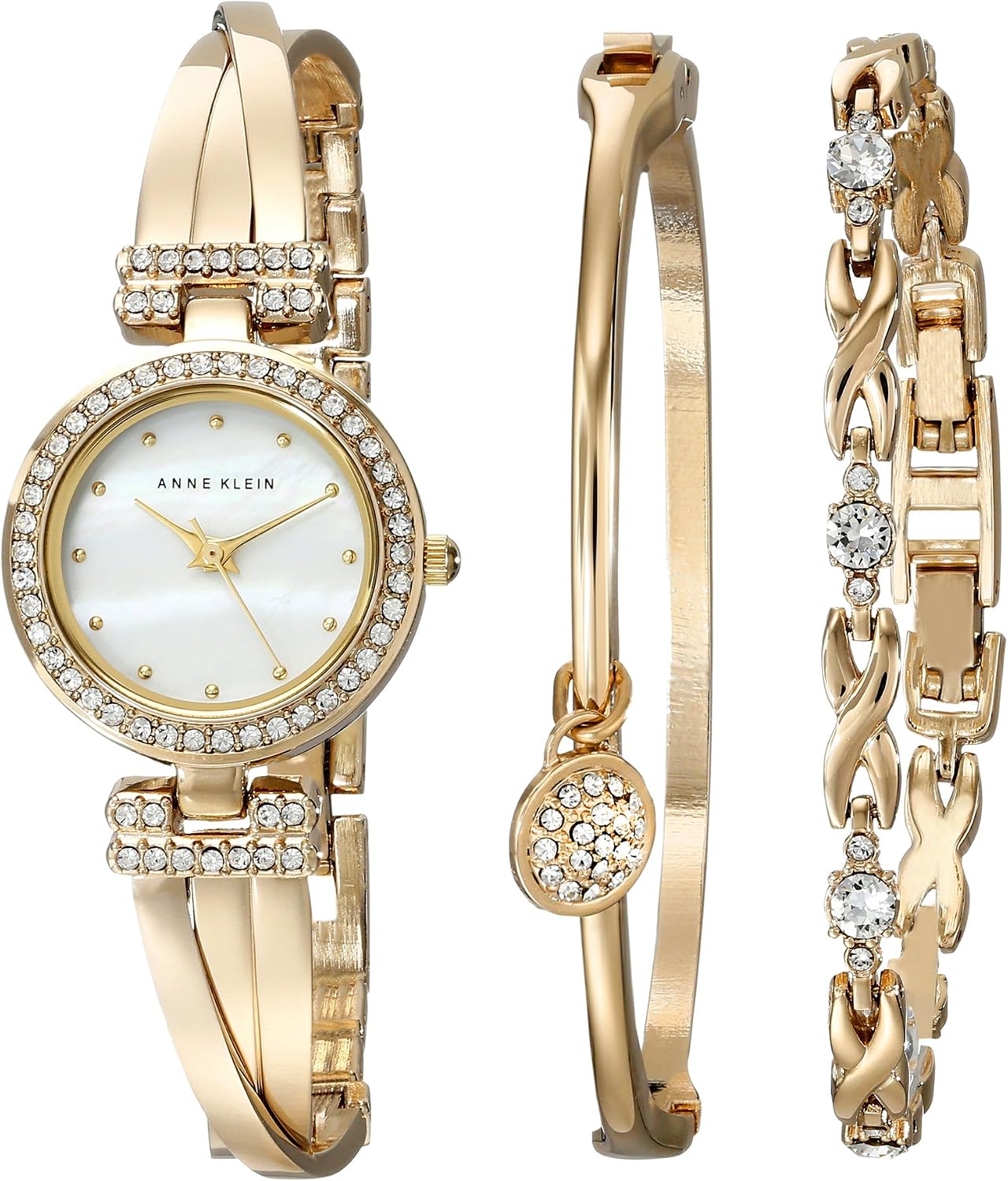 Anne Klein 女士優質水晶手鐲手錶與手鍊套裝