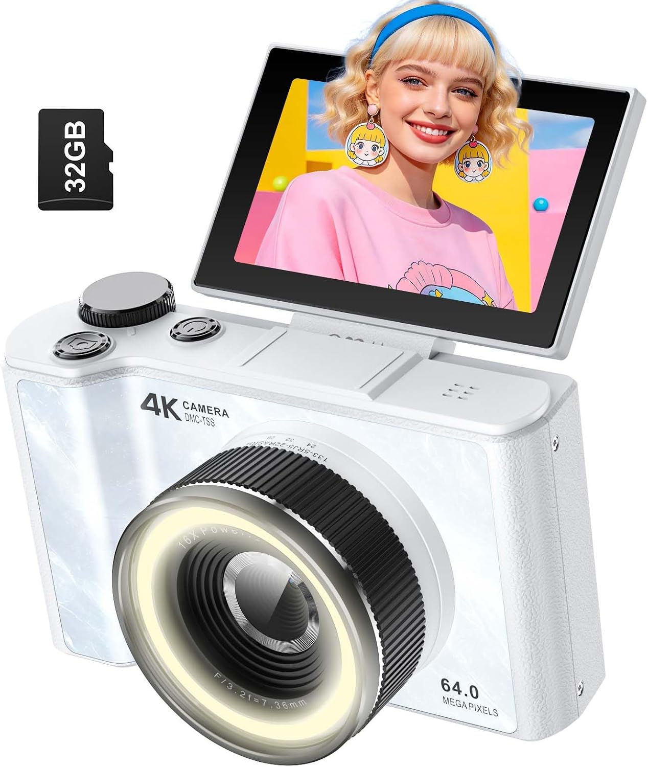 W & O 4K 攝影數位相機，兒童翻轉螢幕數位相機