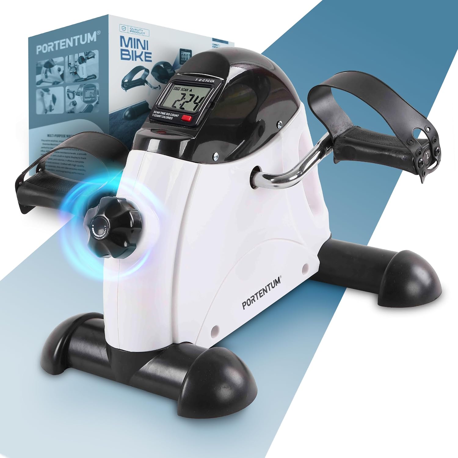 PORTENTUM 老年人踏板鍛鍊器，帶 LCD 顯示器 6 種功能 - 坐式腿部訓練器，緊湊，可調節阻力和提手 - 便攜式設計，可作為家用迷你健身車