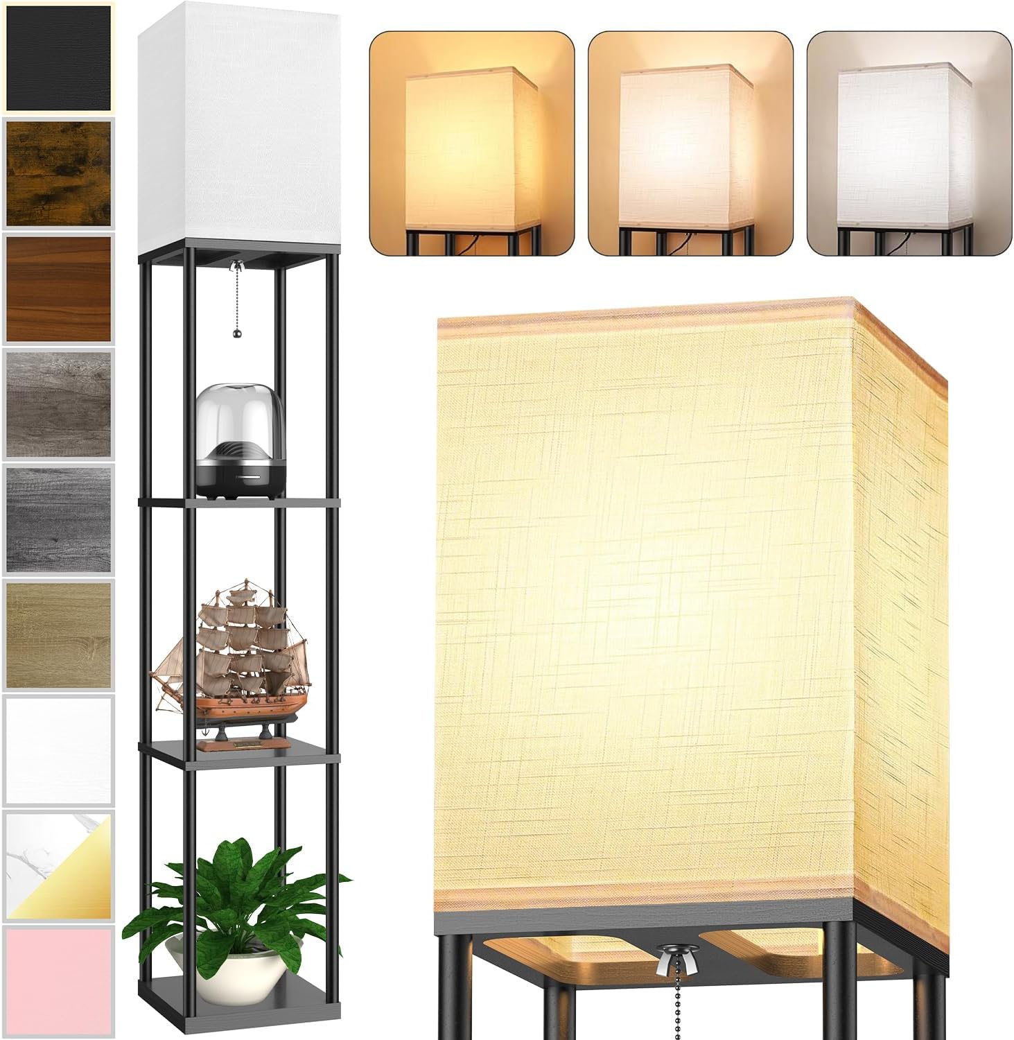 客廳帶架子落地燈，帶 3 CCT LED 燈泡的架子落地燈，轉角展示立柱燈 Etagere 收納塔床頭櫃，帶白色亞麻燈罩，適用於臥室、辦公室