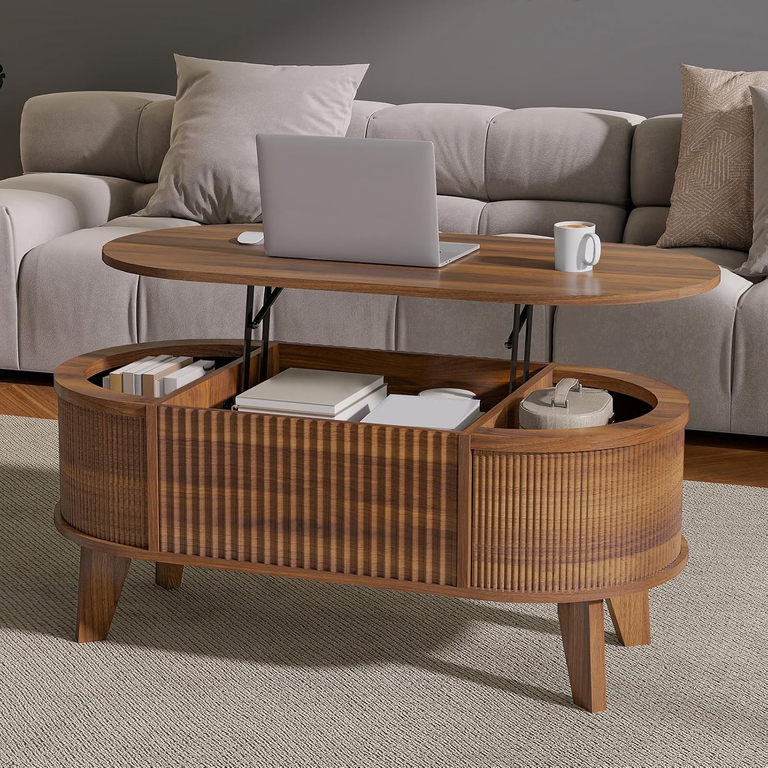 LYNCOHOME 43.3'' 凹槽升降頂咖啡桌帶儲物，現代橢圓形客廳或家庭辦公室咖啡桌（胡桃木）