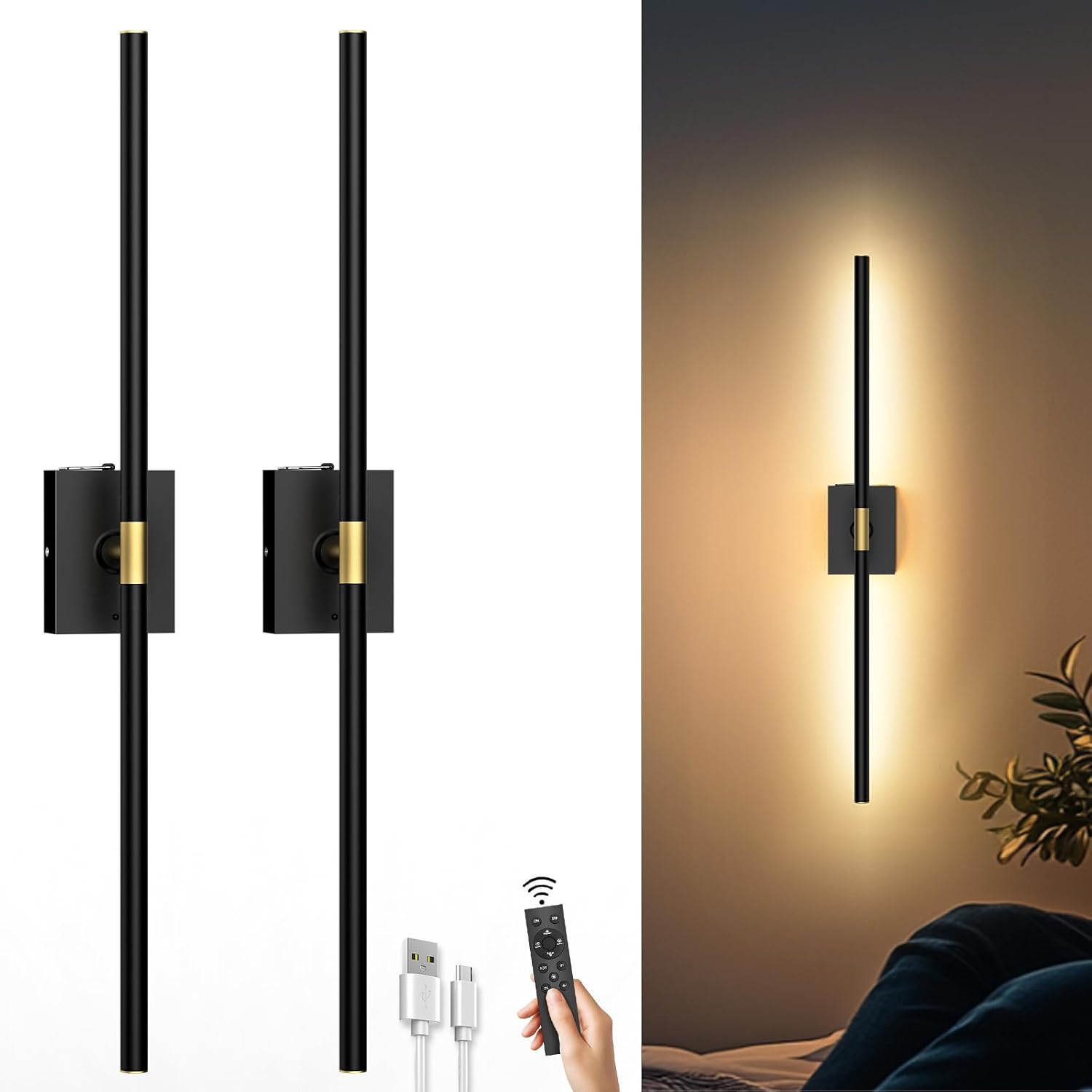 iThird 電池供電壁燈 2 件套，10000mAh，黑色