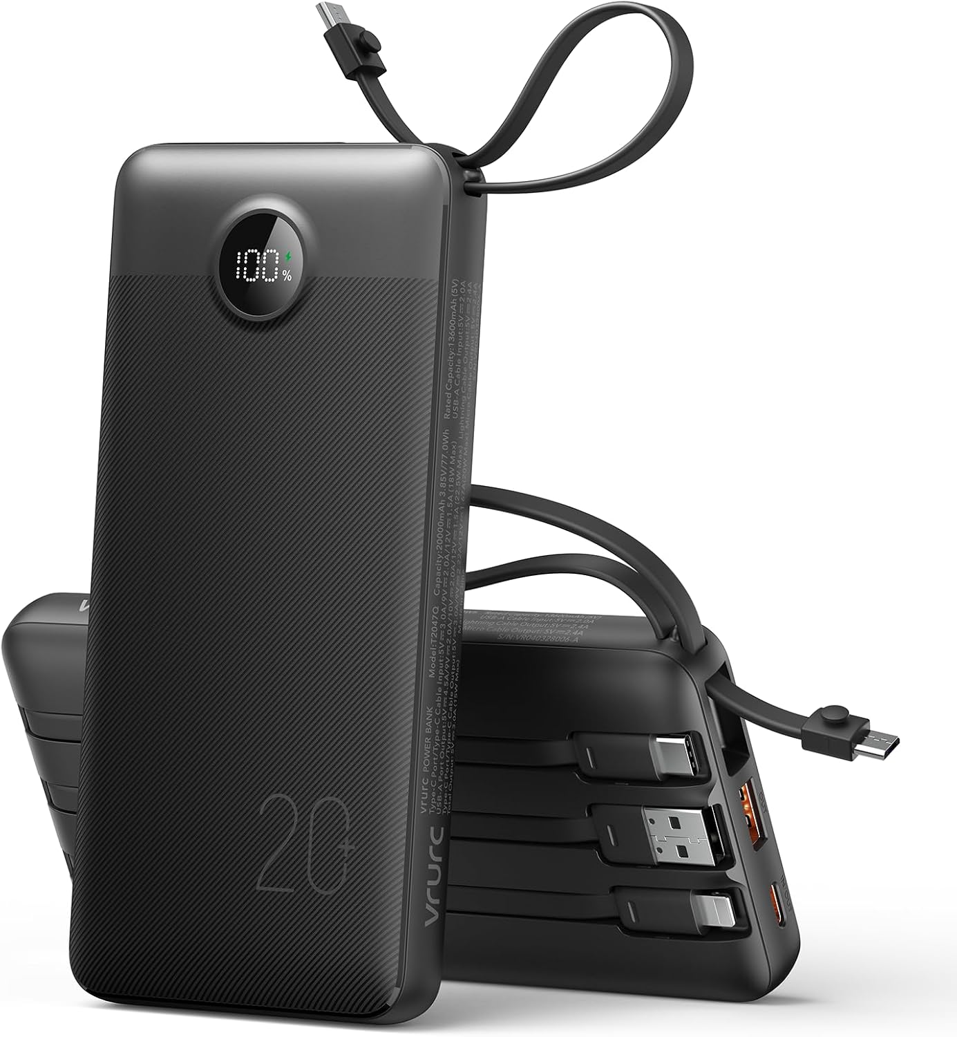 VRURC 行動電源 20000 mAh 含電纜 USB C 行動電源快速充電 22.5 W