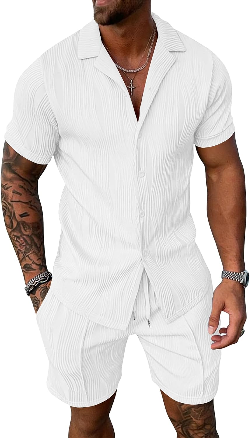 UOUA 男士夏季服裝 2 件套短袖紐帶襯衫和短褲套裝休閒度假海灘運動服