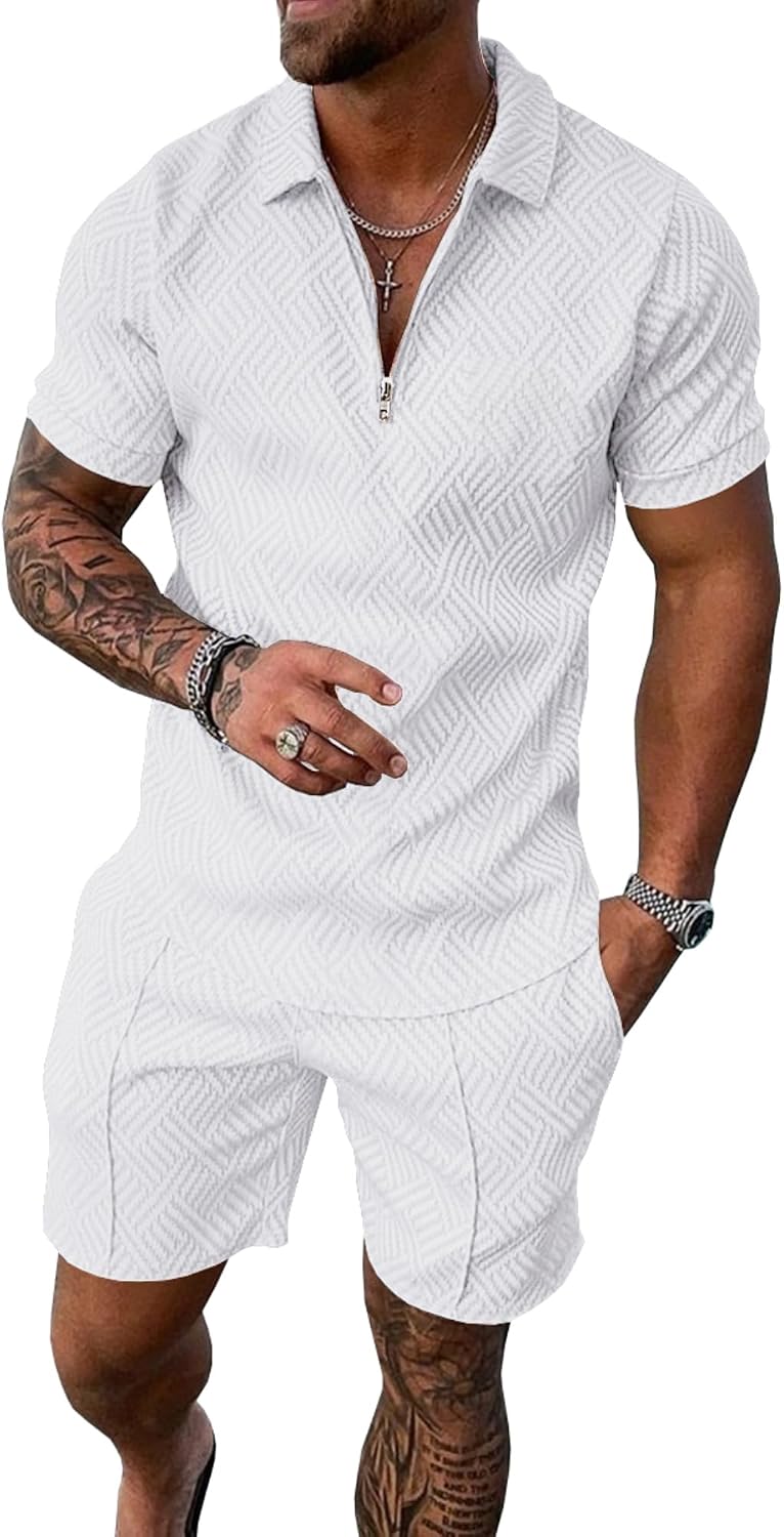 UOUA 男款夏季田徑套裝 2 件短褲套裝短袖運動服套裝 1/4 拉鍊高爾夫 Polo 衫家居服