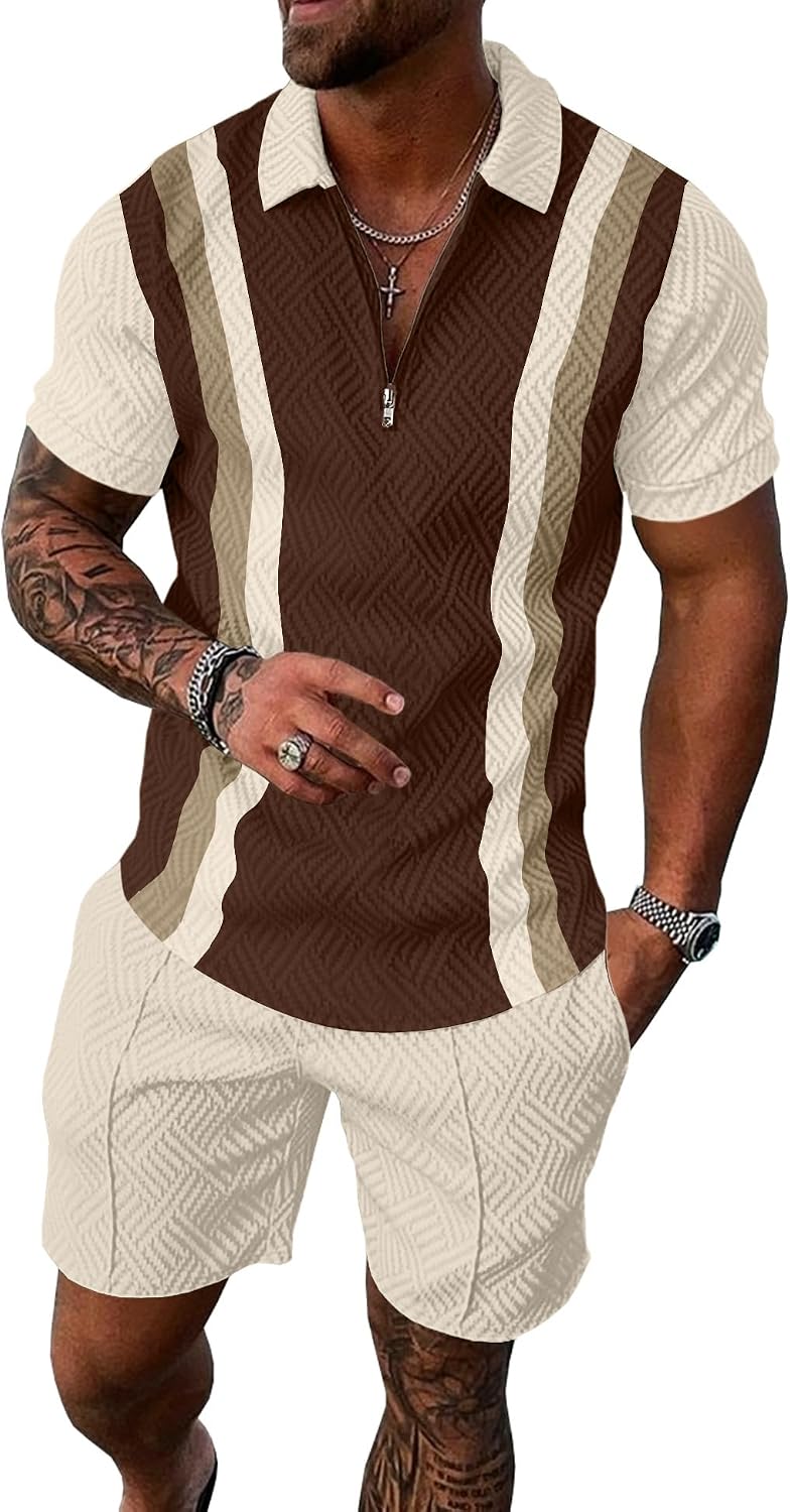 UOUA 男士夏季田徑套裝 2 件套短褲套裝短袖運動服套裝 1/4 拉鍊高爾夫 Polo 拼接條紋襯衫