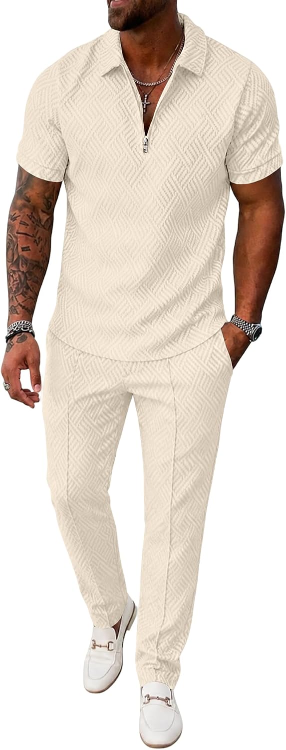 UOUA 男士 2 件套服裝 1/4 拉鍊 Polo 休閒褲夏季套裝運動服